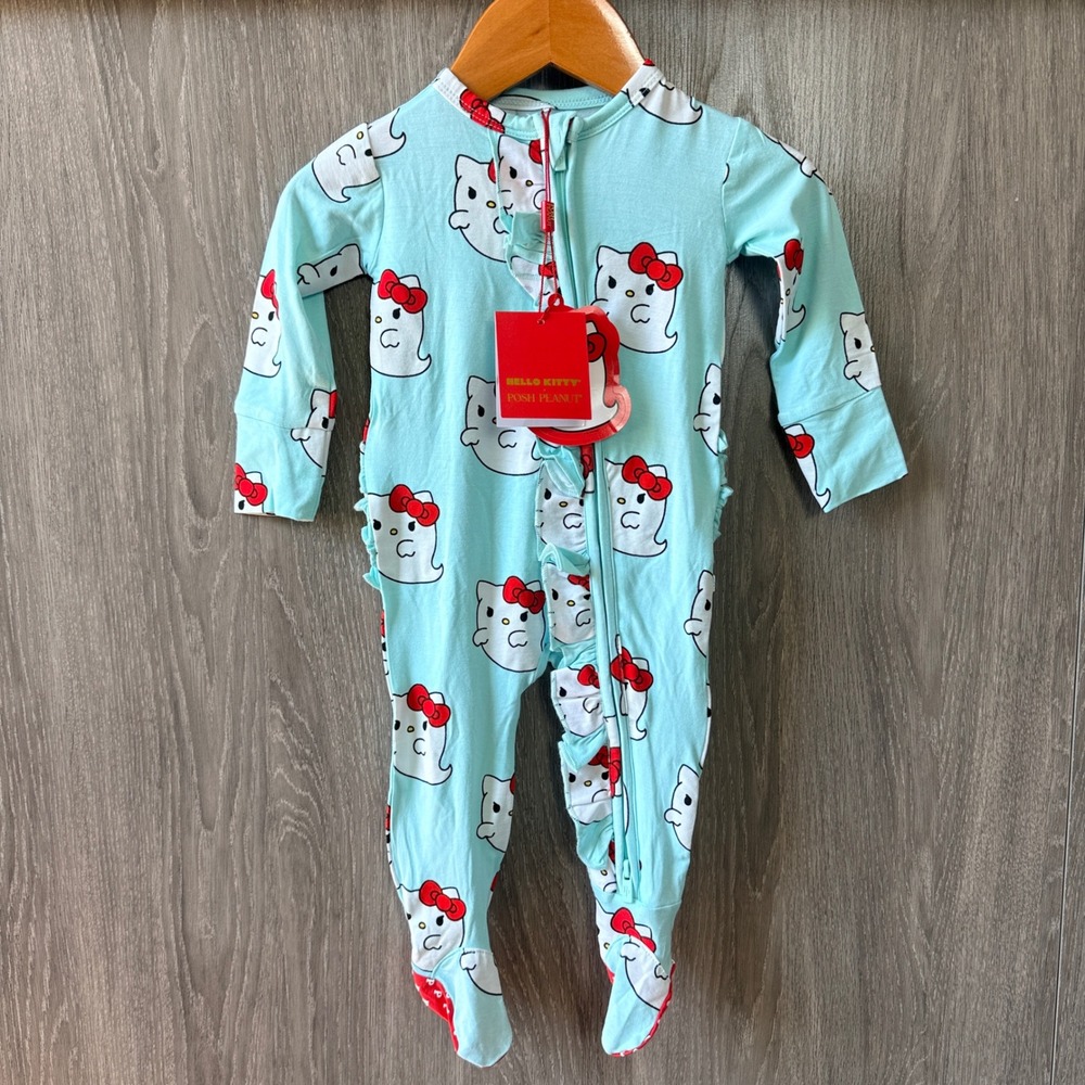Posh Peanut Hello Kitty Pajama 3-6M Blue Ghost Ruffle Bamboo Footie Sleeper NWT